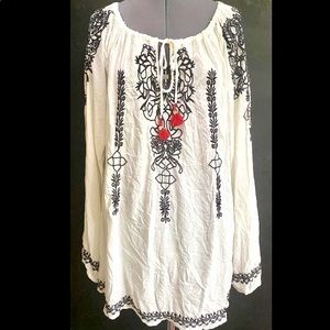 NEW BIYA JOHNNY WAS CREAM WHITE POET PEASANT TOP BLOUSE BLACK OPEN EMBROIDERY S